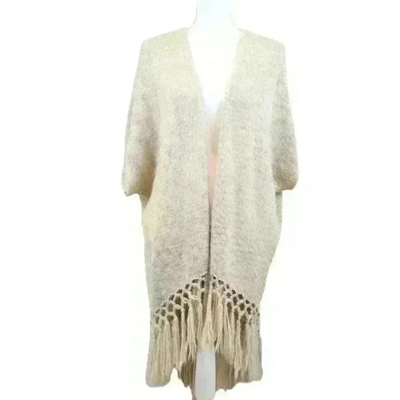 Blu Pepper Vintage Cream Bohemian Fringe Cardigan Duster Crochet Back Size Large - Picture 1 of 9
